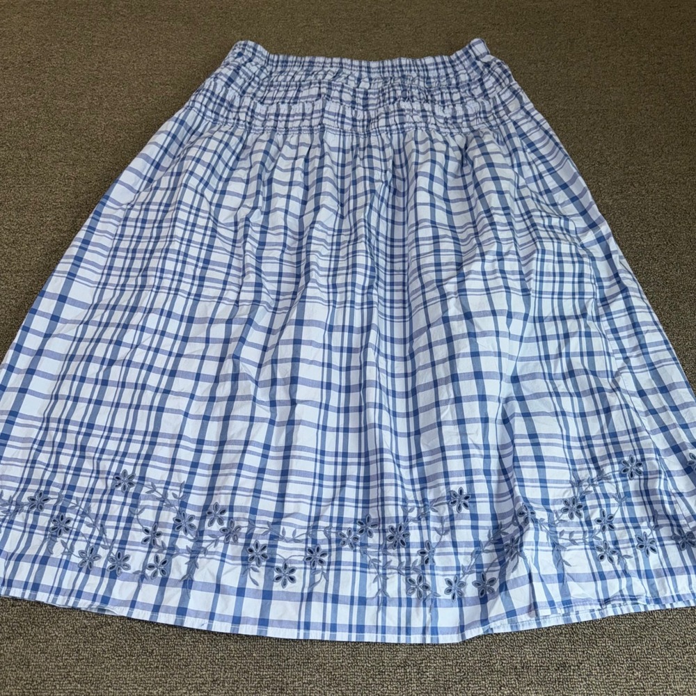 NWT Free Assembly Blue Plaid Maxi Skirt Floral Embroidery Large Cottage Core